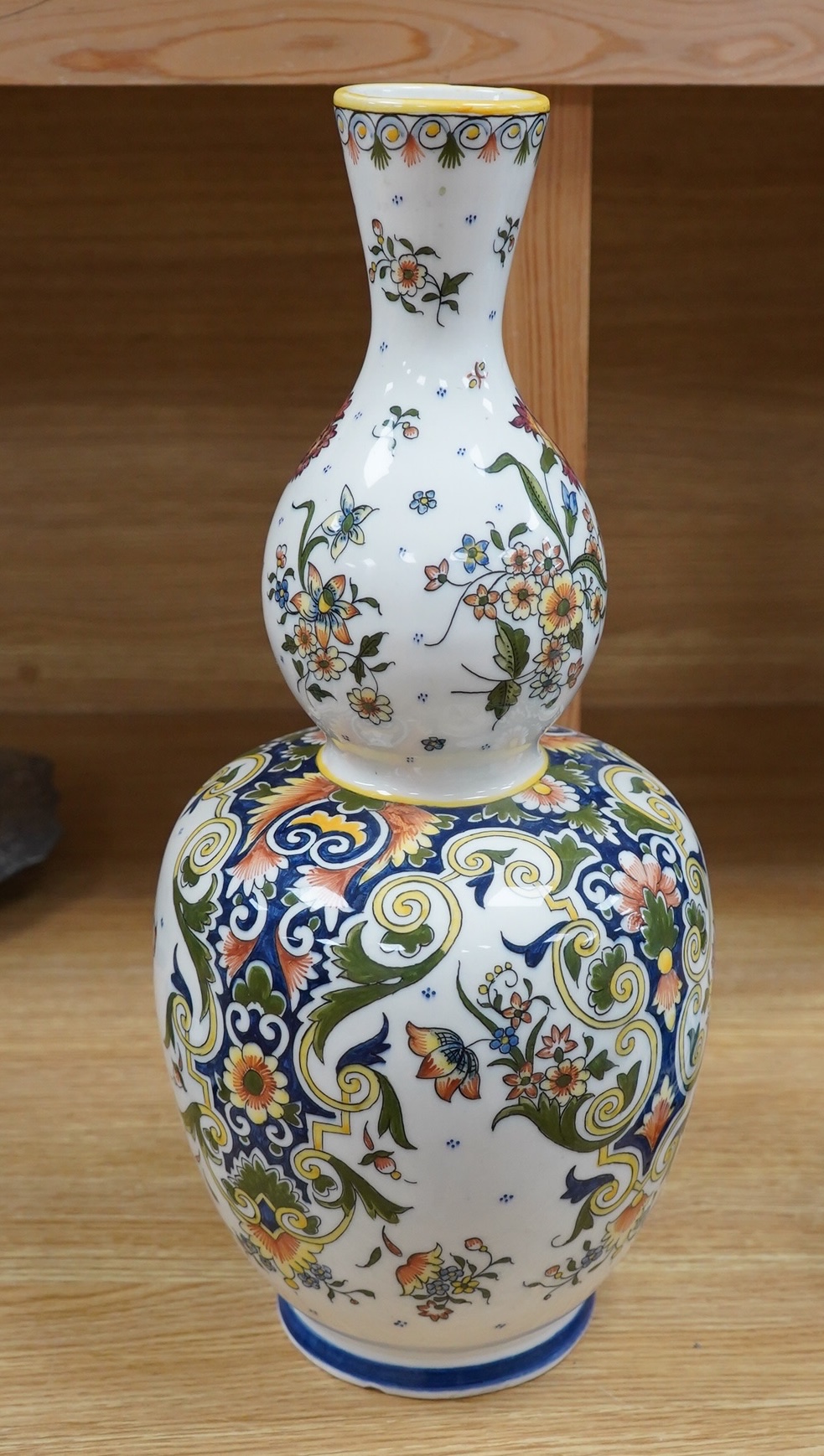 A French faience double gourd shaped vase, 43cm. Condition - good